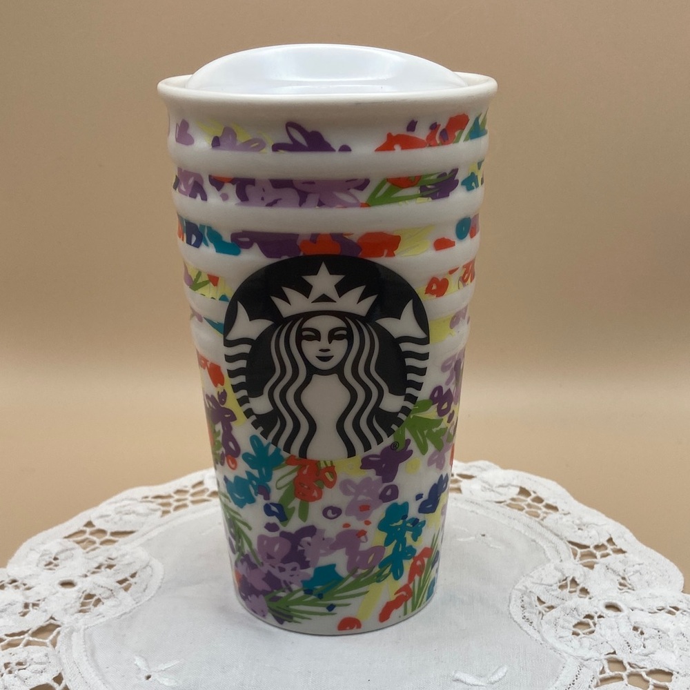 2016 Starbucks Coffee Springtime Floral Ceramic Travel Mug Tumbler with Lid 10oz